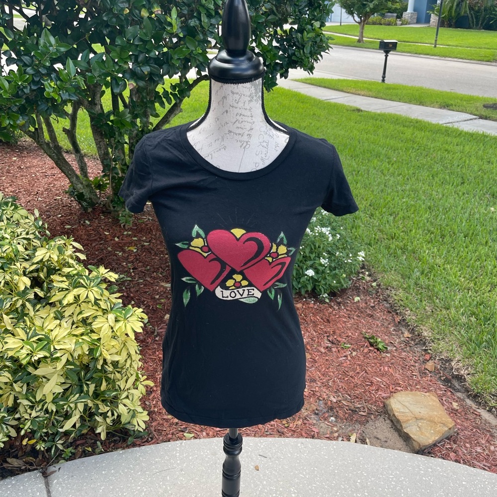 Vintage Y2K Ed Hardy Love Heart Tattoo Black Shirt Women's Size XS